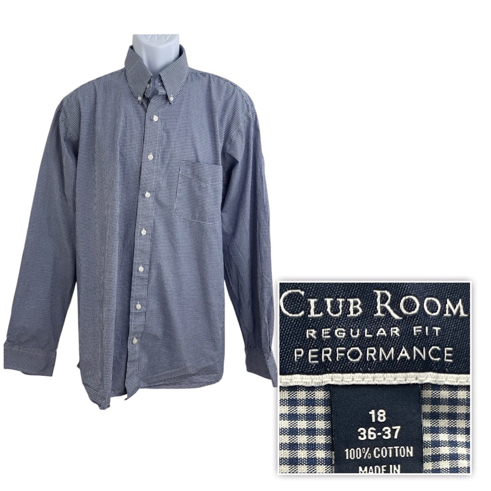 Club Room Mens Regular Fit Performance Check Plaid Dress Shirt Blue Sz 18 36/37